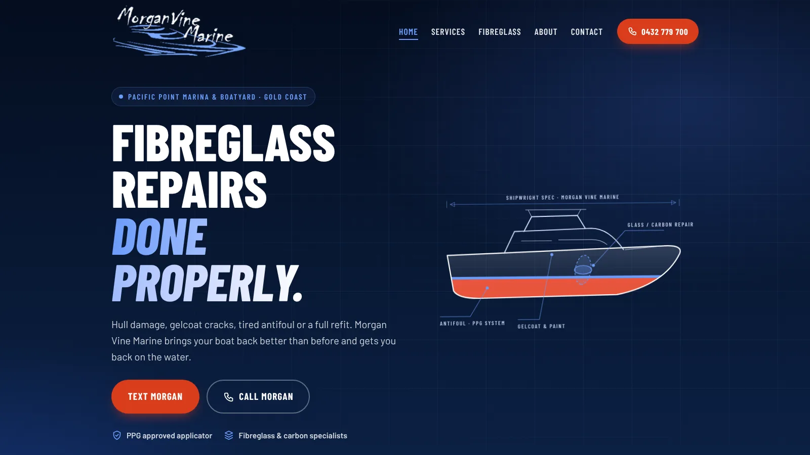 Morgan Vine Marine homepage with a fibreglass repairs hero and a boat line drawing
