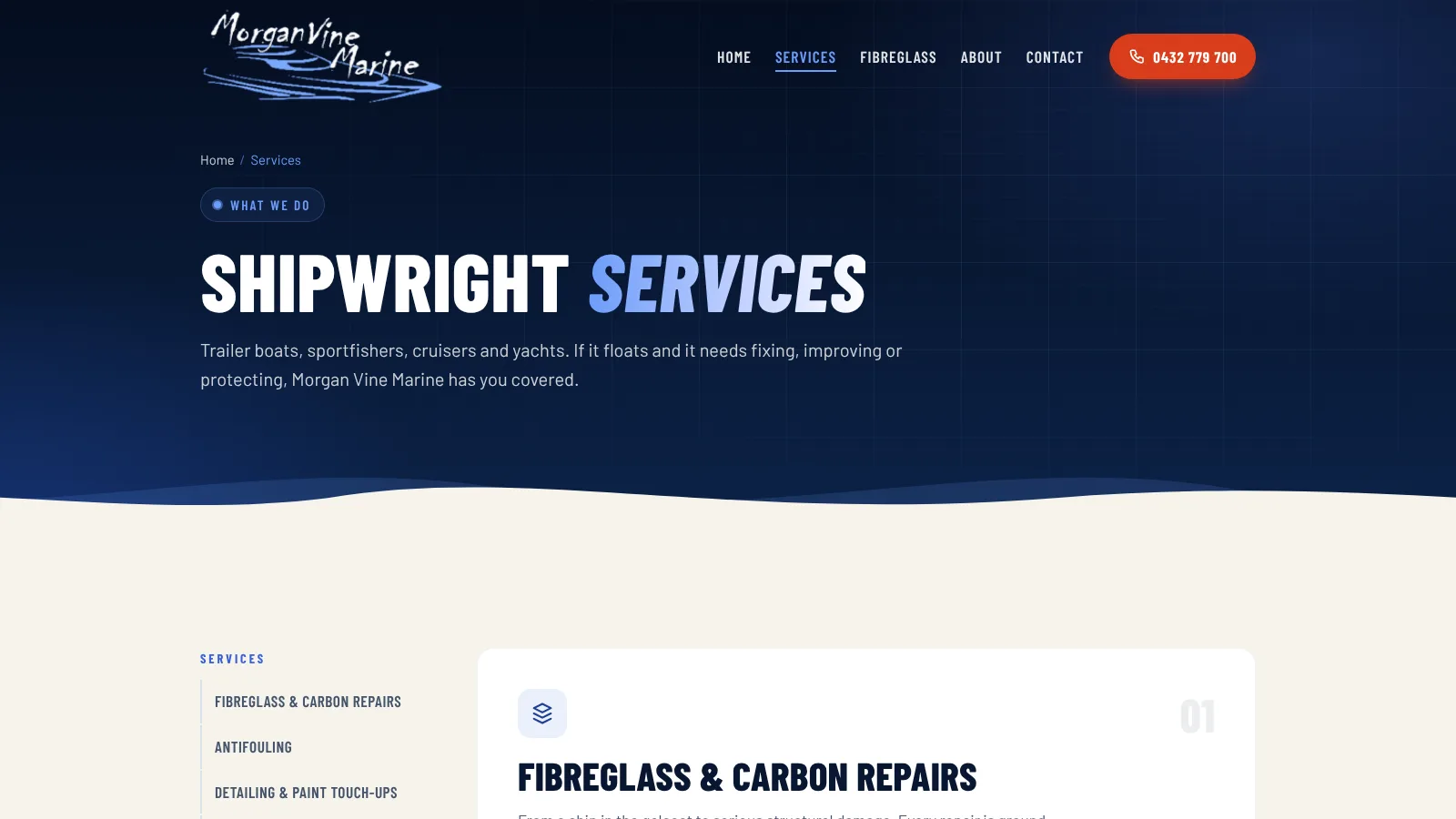 Shipwright services page listing fibreglass, antifouling, detailing and more