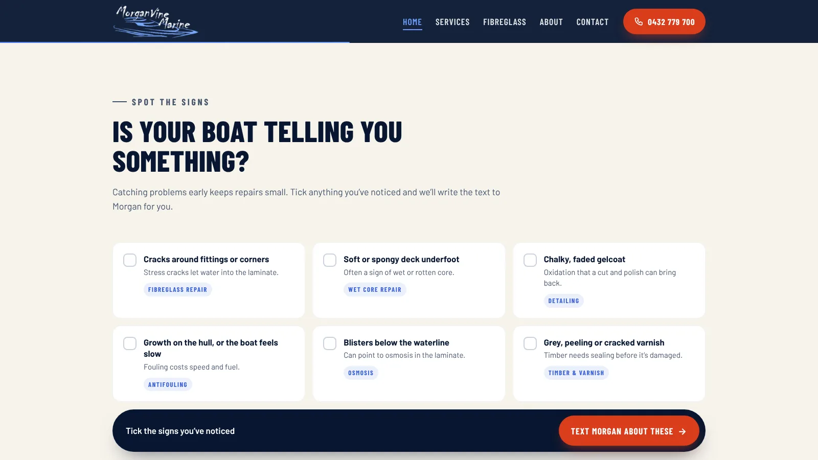 Checklist of boat problems that writes a quote text to Morgan