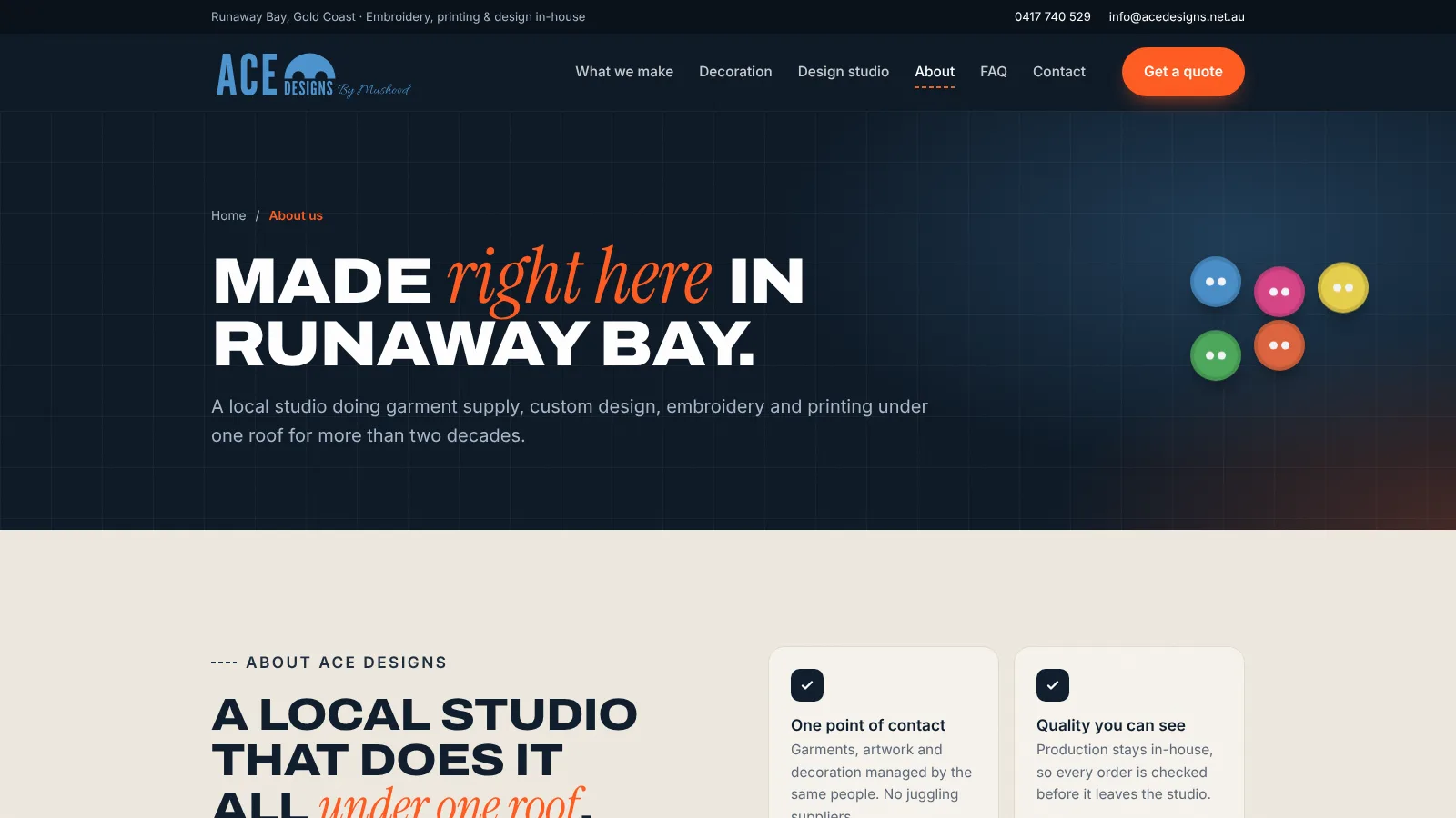 About page for the Runaway Bay studio