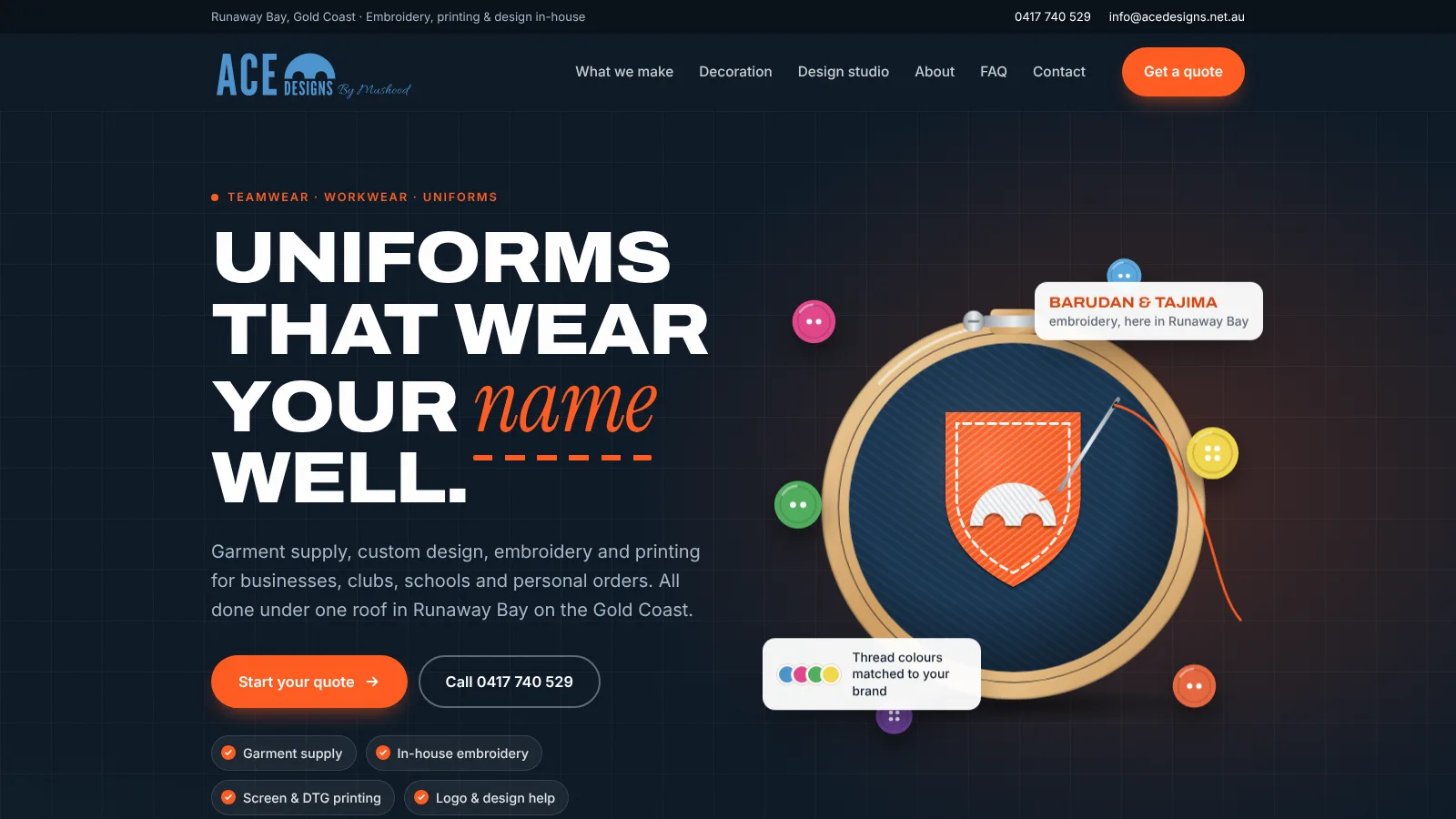 Ace Designs homepage with an animated embroidery hoop and quote buttons