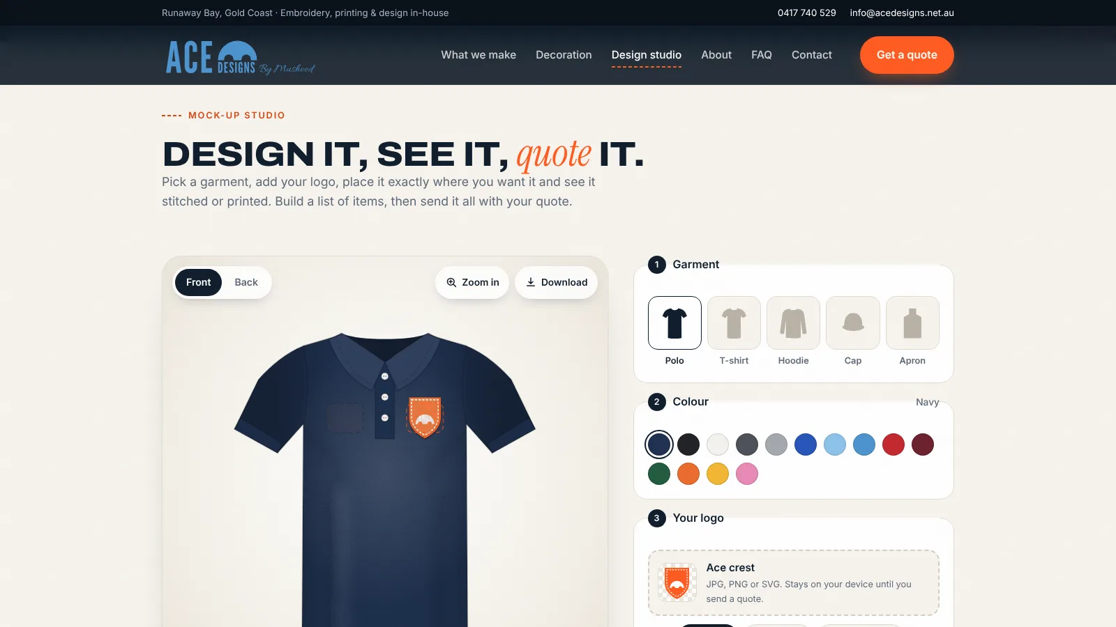 Mock-up studio showing a logo placed on a navy polo with garment and colour options