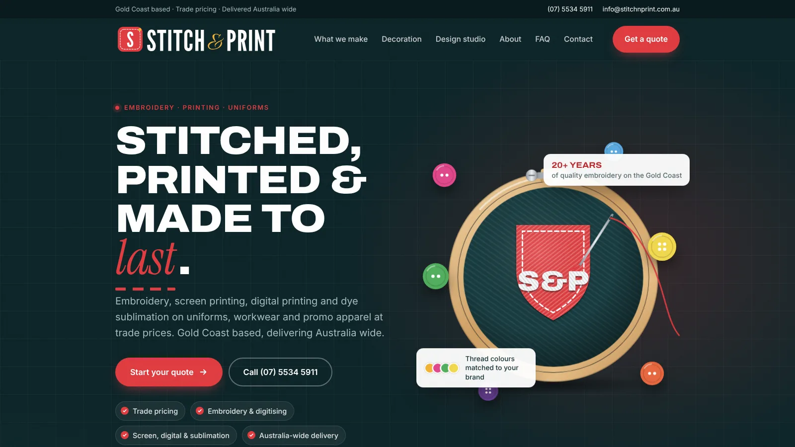 Stitch & Print homepage with an animated embroidery hoop and S&P badge