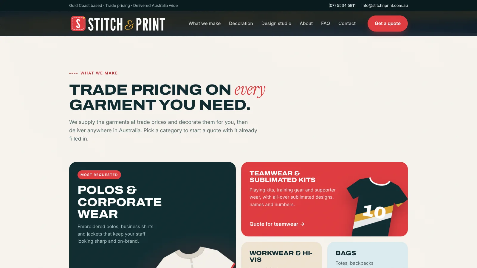 Product categories including polos, sublimated teamwear, workwear and bags